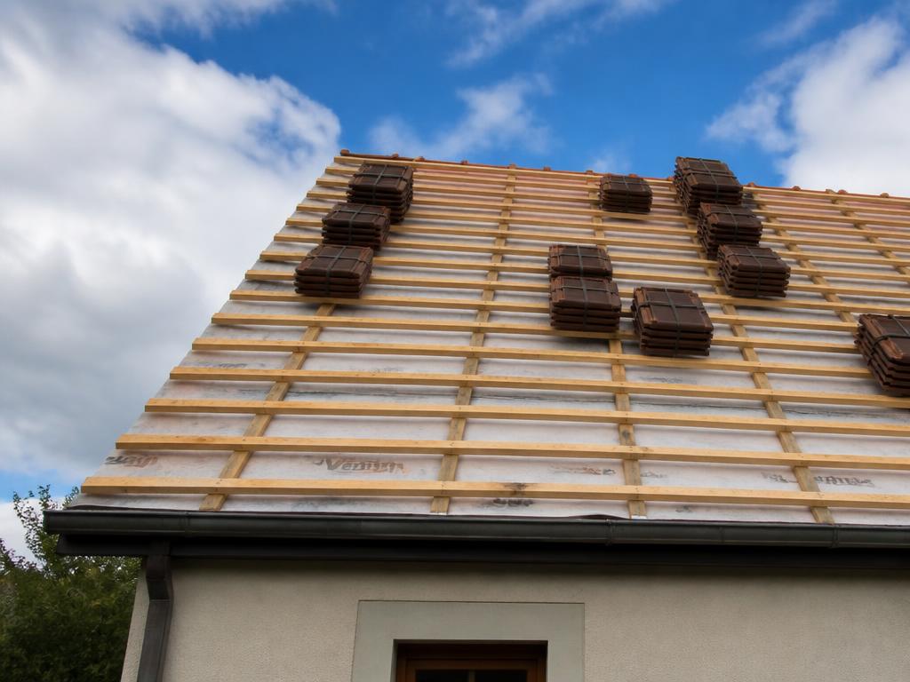 Liteaux en bois neufs posés sur une toiture en rénovation