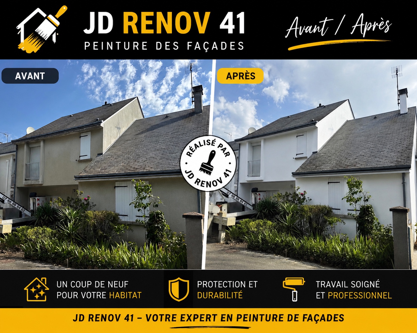 Réalisation JD Rénov 41 – peinture de façade avant et après